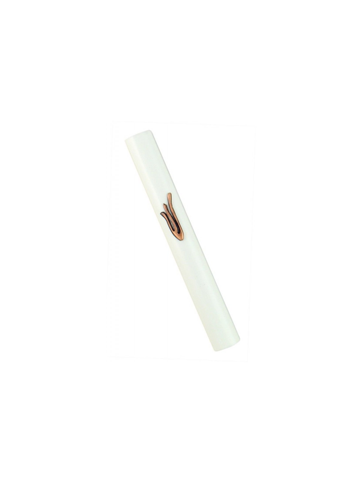 White Wood Rounded Mezuzah Case Flame Image Shin in ... | Wood Mezuzah