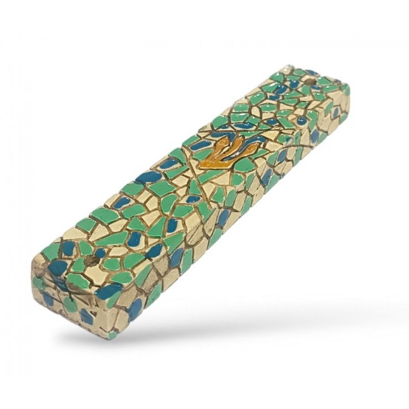 Wood Mezuzah Case with Mosaic Design Turquoise Green... | Wood Mezuzah
