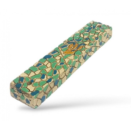 Wood Mezuzah Case with Mosaic Design Turquoise Green... | Wood Mezuzah
