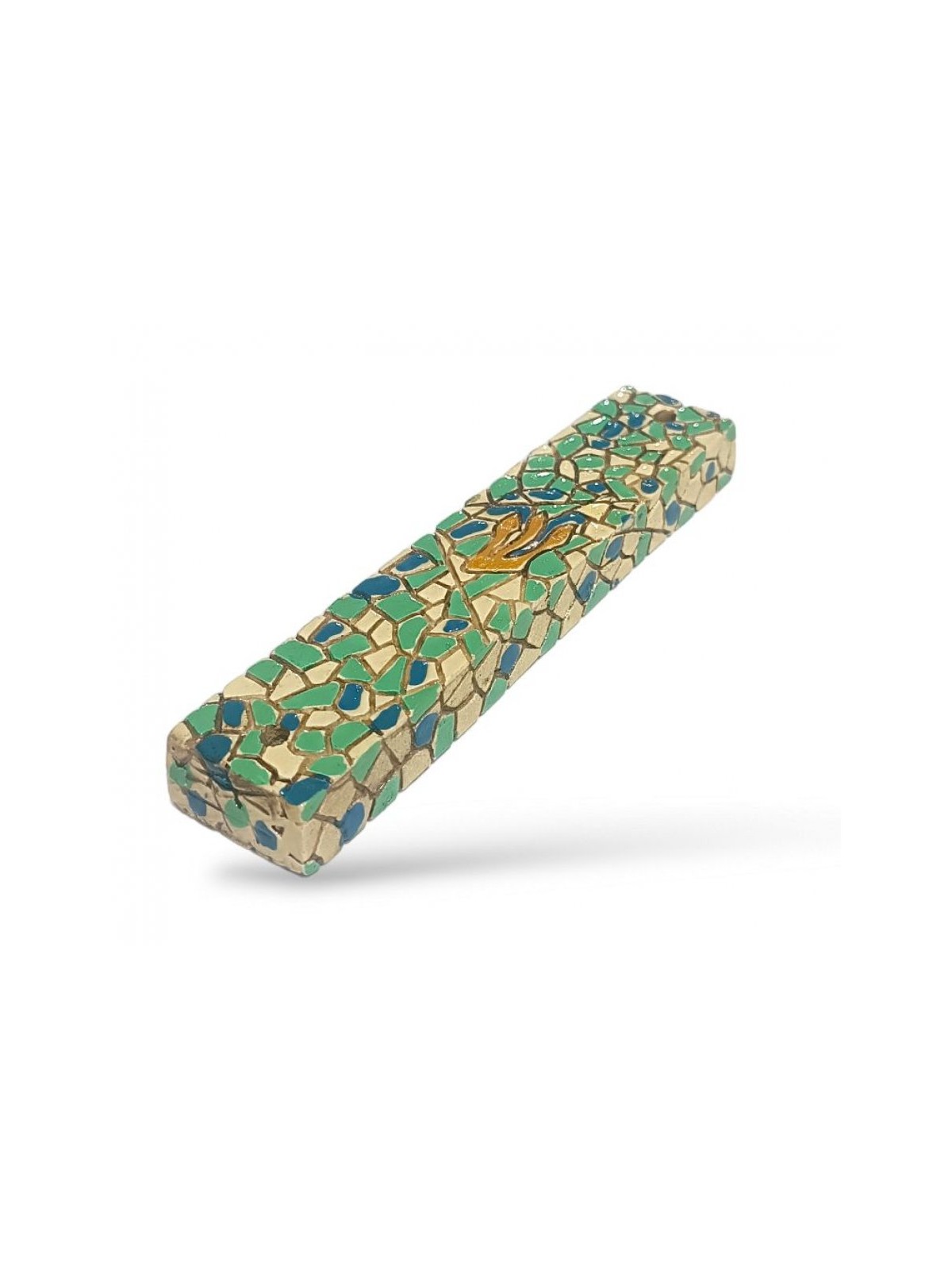 Wood Mezuzah Case with Mosaic Design Turquoise Green... | Wood Mezuzah