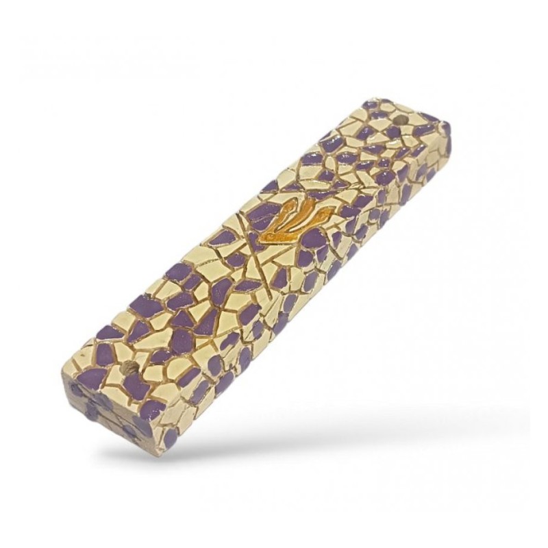 Wood Mezuzah Case with Mosaic Design %96 Purple and ... | Wood Mezuzah