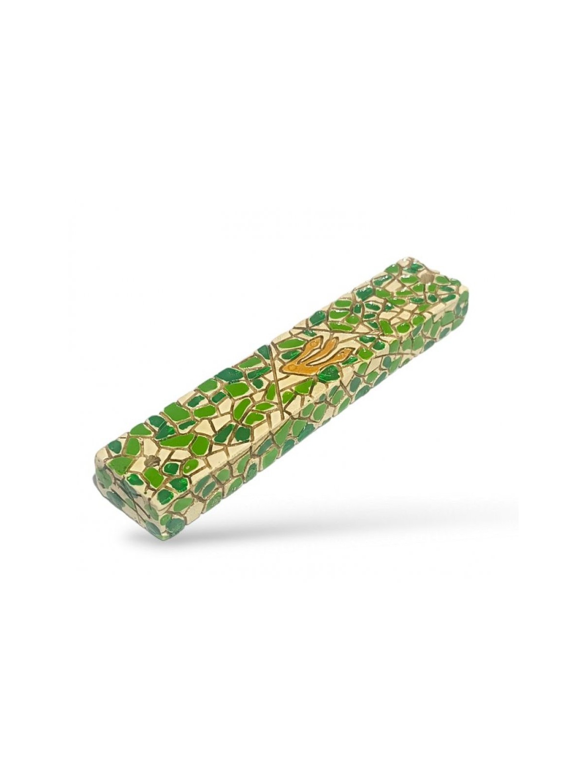 Wood Mezuzah Case with Mosaic Design Green and Yello... | Wood Mezuzah