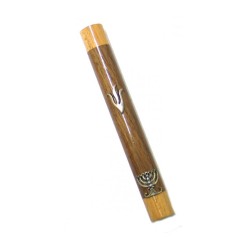 Two Tone Brown Wood Mezuzah Case with Shin and Menor... | Wood Mezuzah