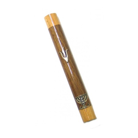 Two Tone Brown Wood Mezuzah Case with Shin and Menor... | Wood Mezuzah