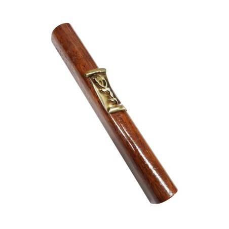 Dark Brown Wood Mezuzah Case with Silver Pewter Scro... | Wood Mezuzah