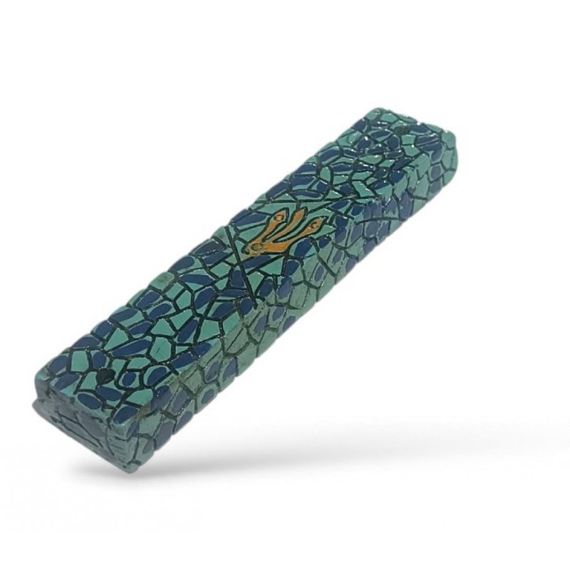 Wood Mezuzah Case with Mosaic Design Dark Blue on Tu... | Wood Mezuzah