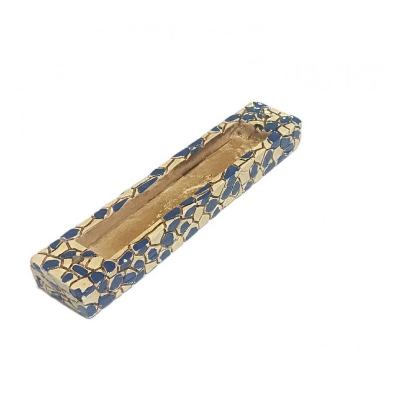 Wood Mezuzah Case with Mosaic Design Blue and Cream ... | Wood Mezuzah