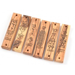 Set of Six Olive Wood Mezuzah Cases with Judaic Symb... | Wood Mezuzah
