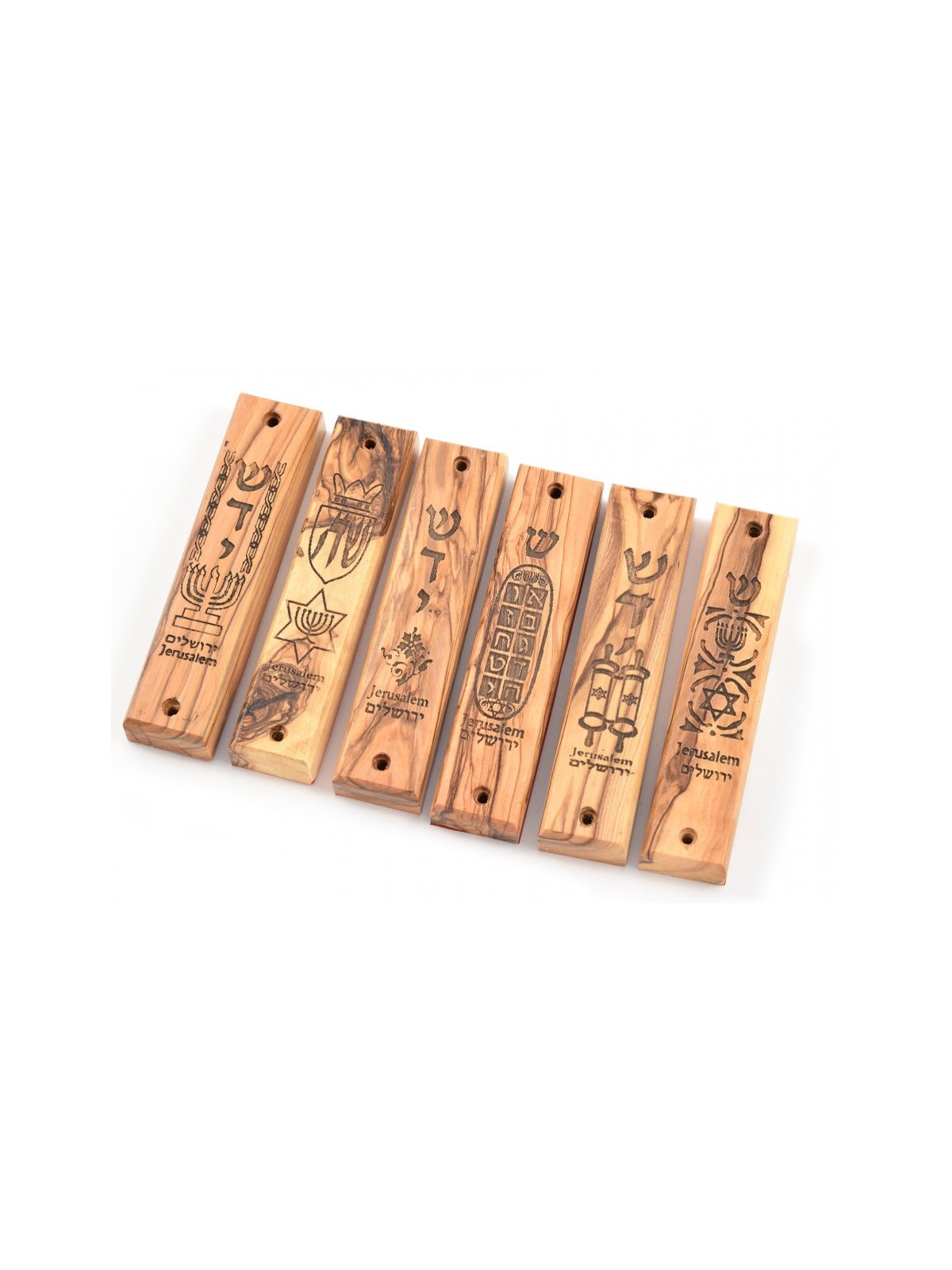 Set of Six Olive Wood Mezuzah Cases with Judaic Symb... | Wood Mezuzah