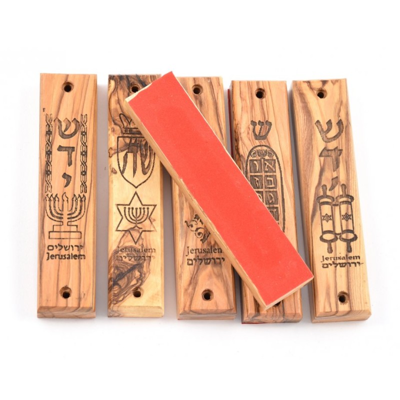 Set of Six Olive Wood Mezuzah Cases with Judaic Symb... | Wood Mezuzah