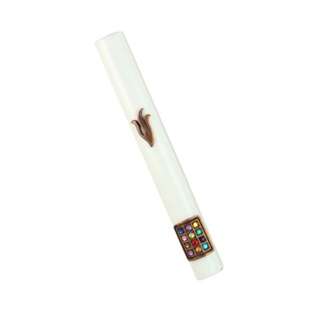 White Wood Rounded Mezuzah Case with Bronze Pewter S... | Wood Mezuzah