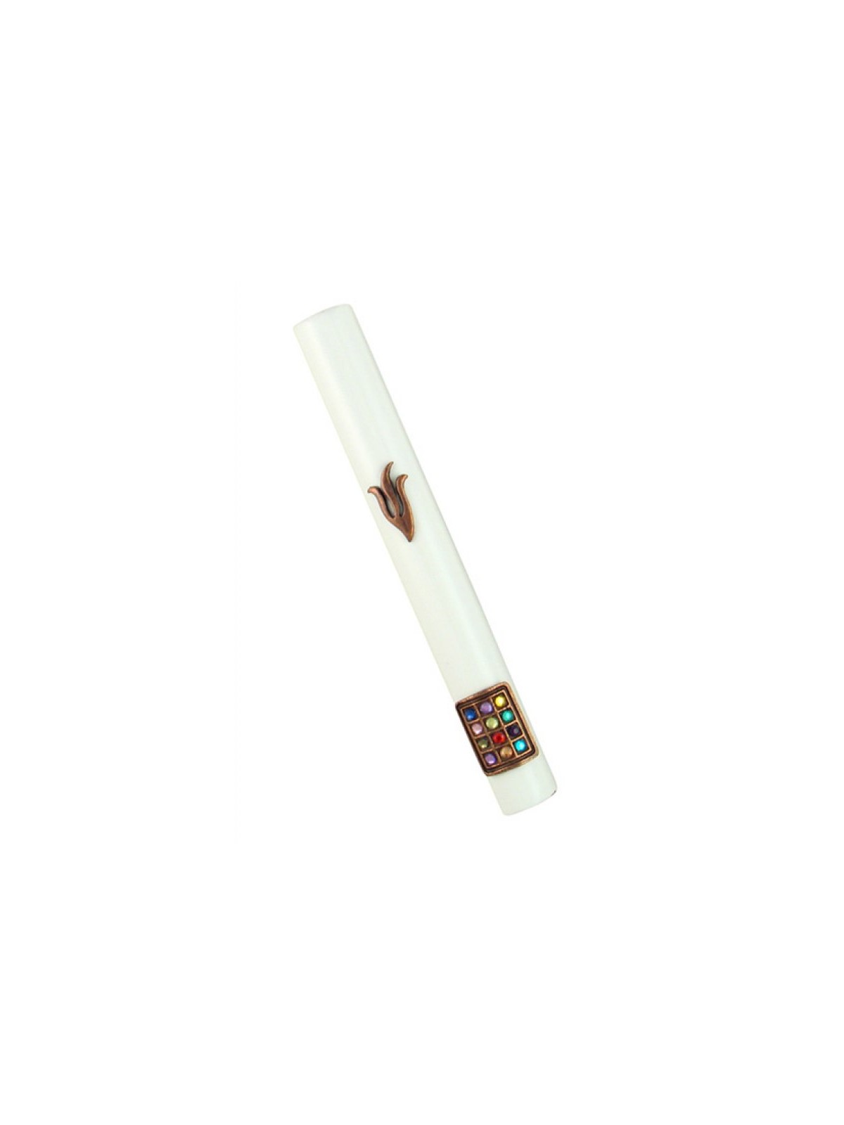 White Wood Rounded Mezuzah Case with Bronze Pewter S... | Wood Mezuzah