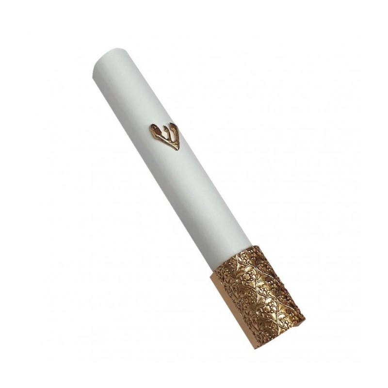 White Wood Rounded Mezuzah Case Gold Pewter Shin and... | Wood Mezuzah