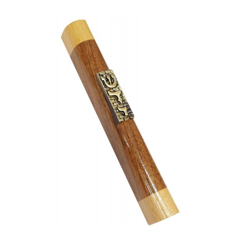 Two Tone Brown Wood Mezuzah Case Gold Pewter Western... | Wood Mezuzah