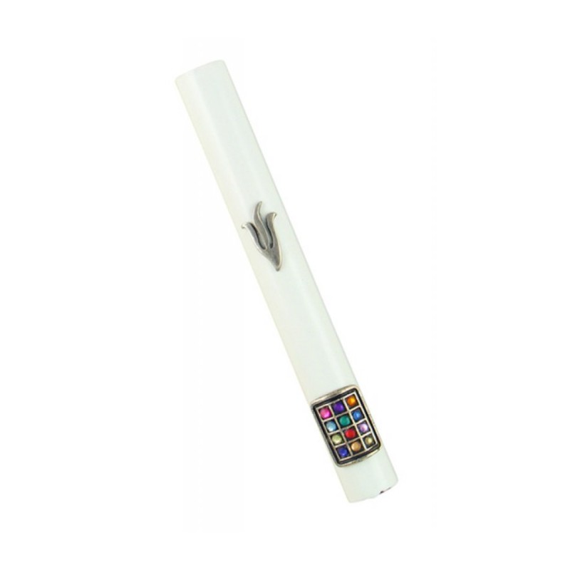 White Wood Rounded Mezuzah Case with Silver Pewter S... | Wood Mezuzah