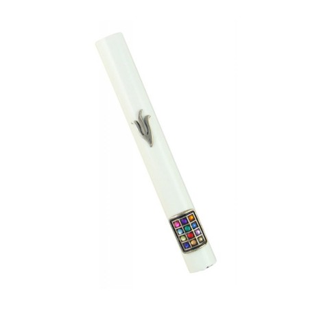 White Wood Rounded Mezuzah Case with Silver Pewter S... | Wood Mezuzah