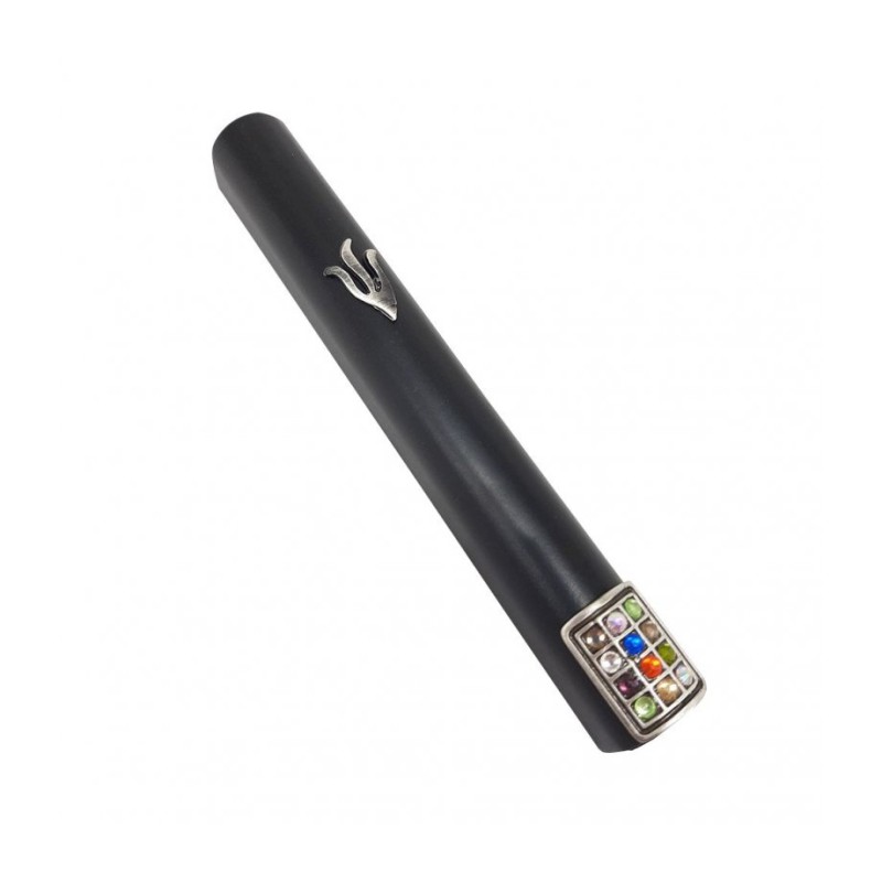 Black Wood Rounded Mezuzah Case Silver Pewter Flame ... | Wood Mezuzah