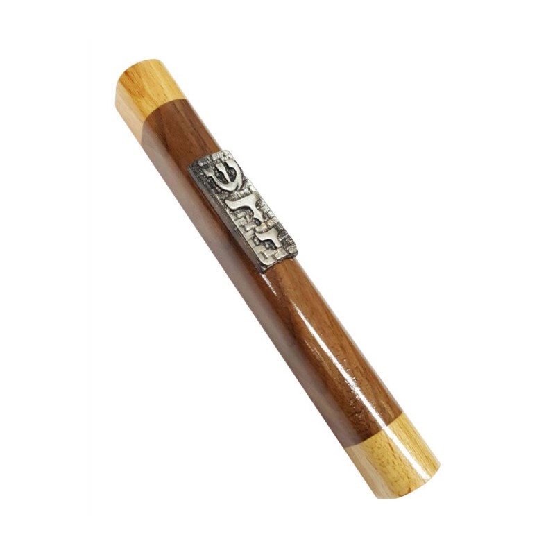 Two Tone Brown Wood Mezuzah Case Silver Pewter Weste... | Wood Mezuzah