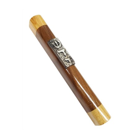 Two Tone Brown Wood Mezuzah Case Silver Pewter Weste... | Wood Mezuzah