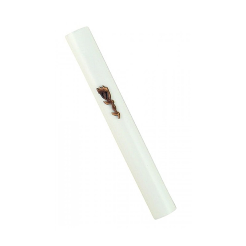 White Wood Rounded Mezuzah Case Divine Name in Bronz... | Wood Mezuzah