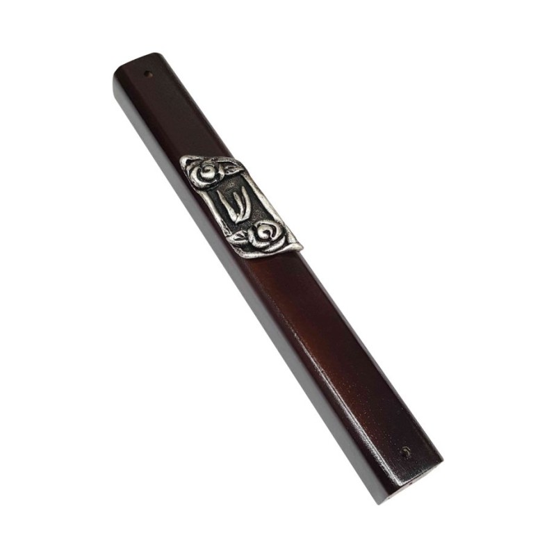 Dark Brown Wood Mezuzah Case Decorative Silver Pewte... | Wood Mezuzah