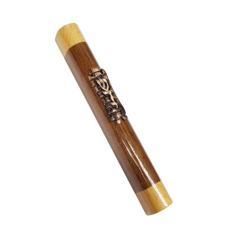 Two Tone Brown Wood Mezuzah Case Bronze Pewter Weste... | Wood Mezuzah