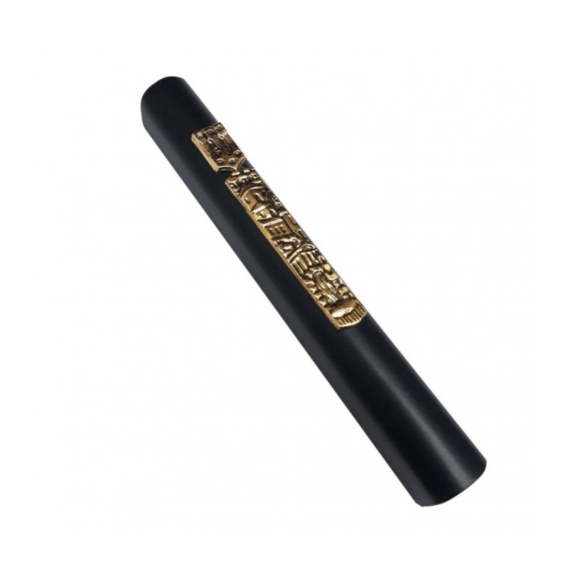 Black Wood Mezuzah Case with Jerusalem Design on Gol... | Wood Mezuzah