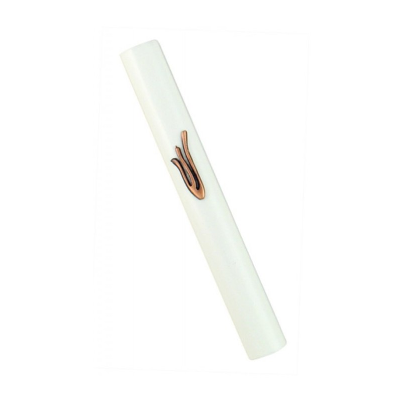White Wood Rounded Mezuzah Case %96 Flame Image Shin... | Wood Mezuzah