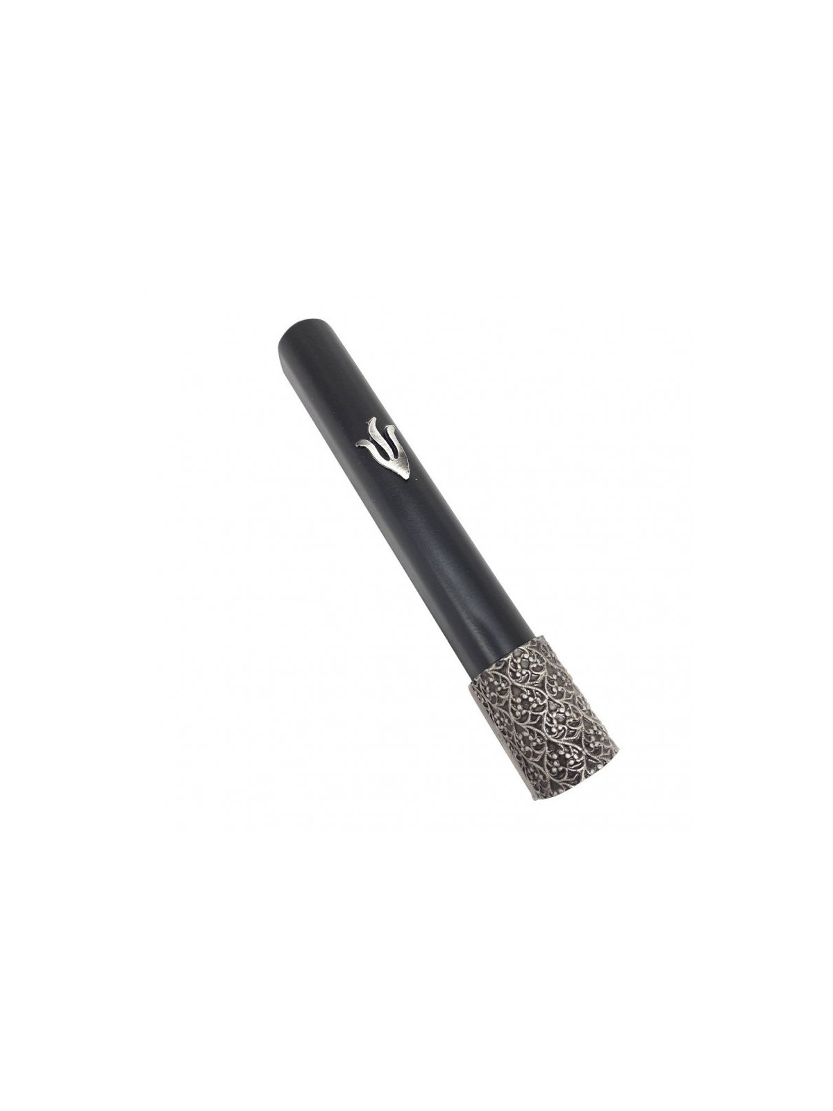 Black Wood Rounded Mezuzah Case Pewter Shin and Fili... | Wood Mezuzah