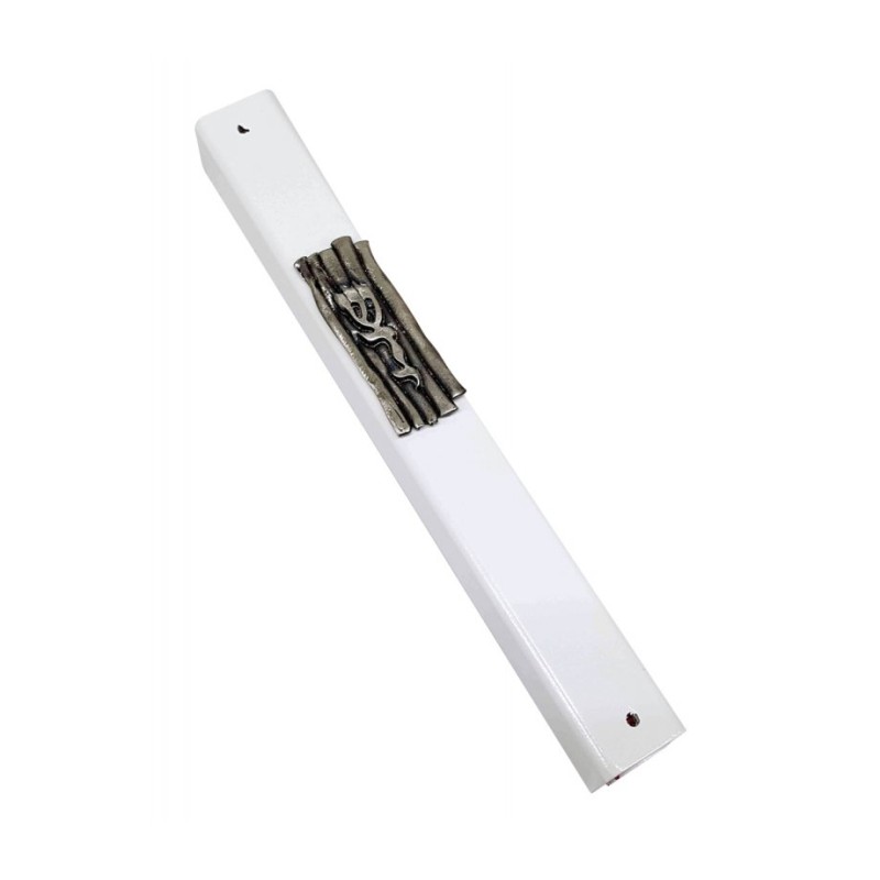 White Wood Mezuzah Case Decorative Pewter Plaque wit... | Wood Mezuzah