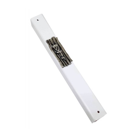 White Wood Mezuzah Case Decorative Pewter Plaque wit... | Wood Mezuzah