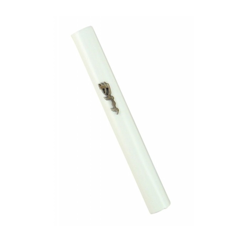 White Wood Rounded Mezuzah Divine Name in Silver Pewter | Wood Mezuzah