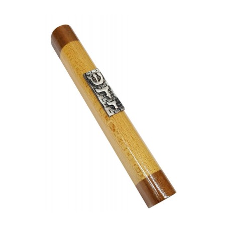 Two Tone Light Brown Mezuzah Case Silver Pewter West... | Wood Mezuzah