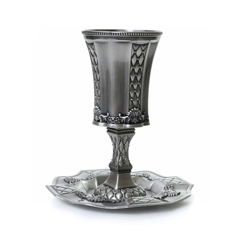 Pewter Kiddush Cup on Stem with Tray  Diamond... | Pewter Kiddush Cups