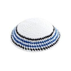White Knitted Kippah with Blue Black and White Bor... | Knitted Kippah