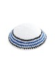 White Knitted Kippah with Blue Black and White Bor... | Knitted Kippah