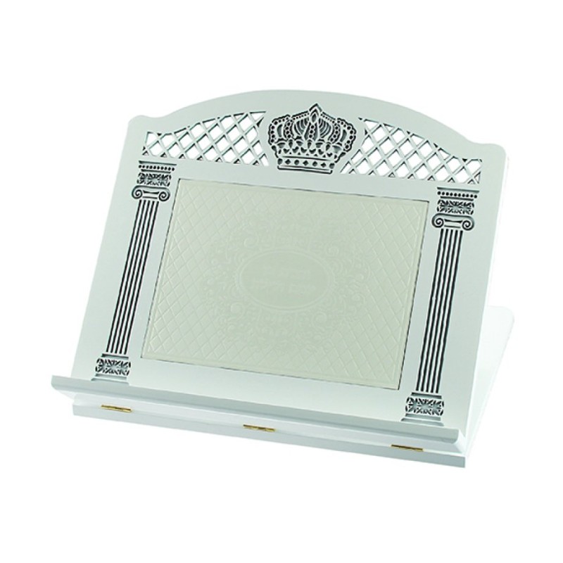 White Wood Table Shtender Crown and Pil... | Book Stands and Shtenders