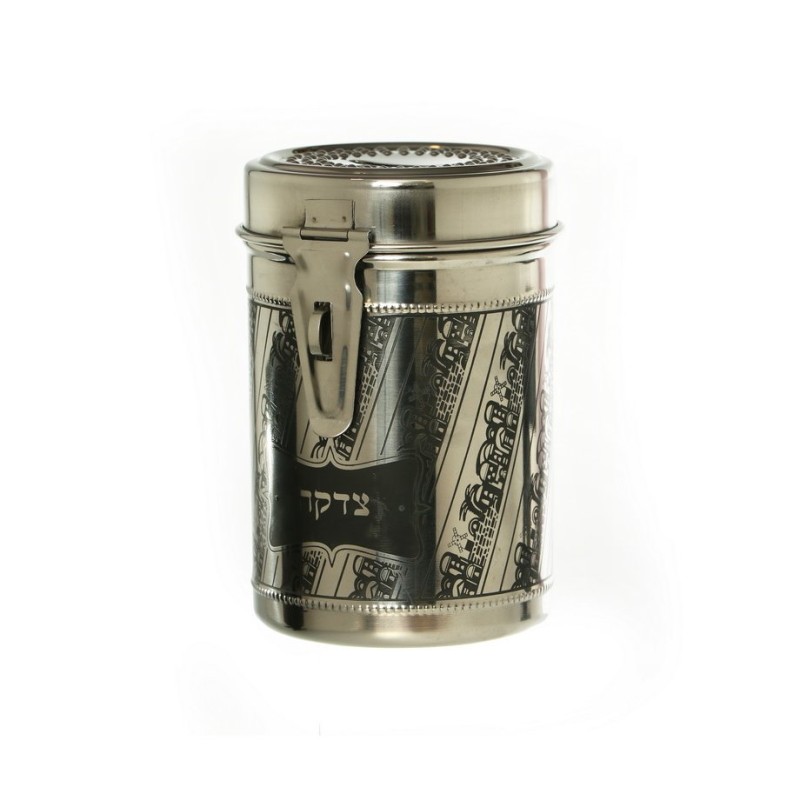 Tall Stainless Steel Charity Box with Diagonal Jer... | Tzedakah boxes