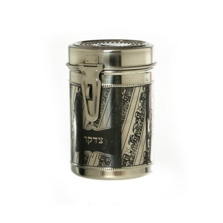 Tall Stainless Steel Charity Box with Diagonal Jer... | Tzedakah boxes