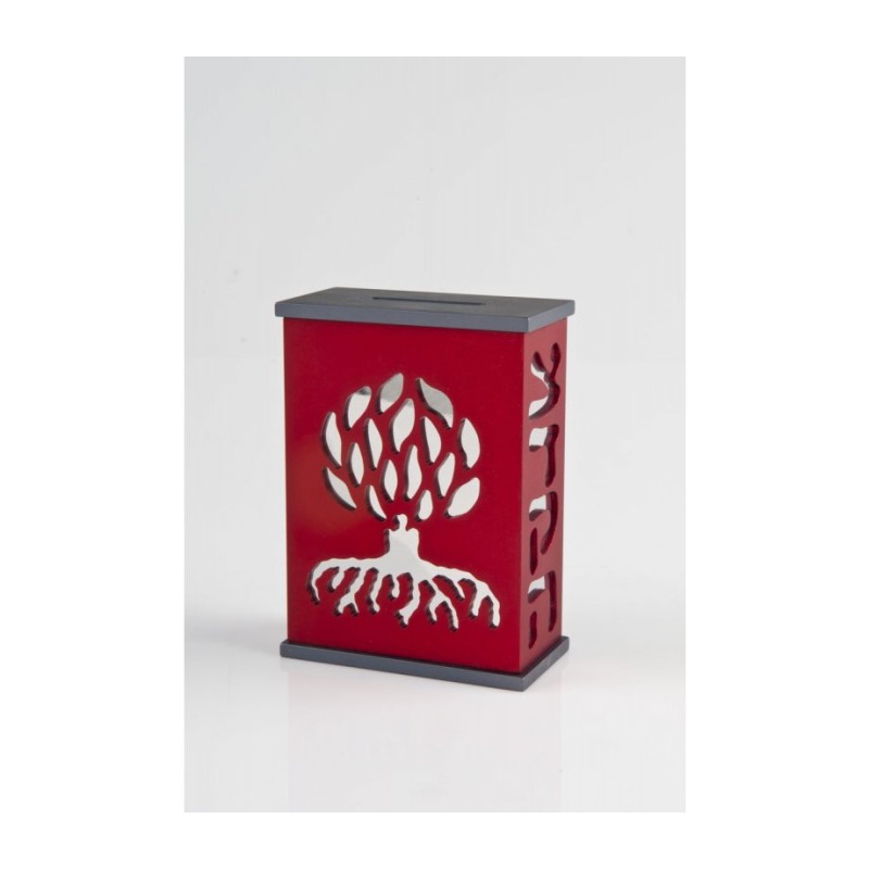 Agayof Tree Of Life Aluminum Tzedakah Box Red | Tzedakah boxes
