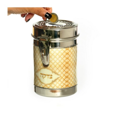 Tall Charity Box with Handle Gleaming Stainless St... | Tzedakah boxes