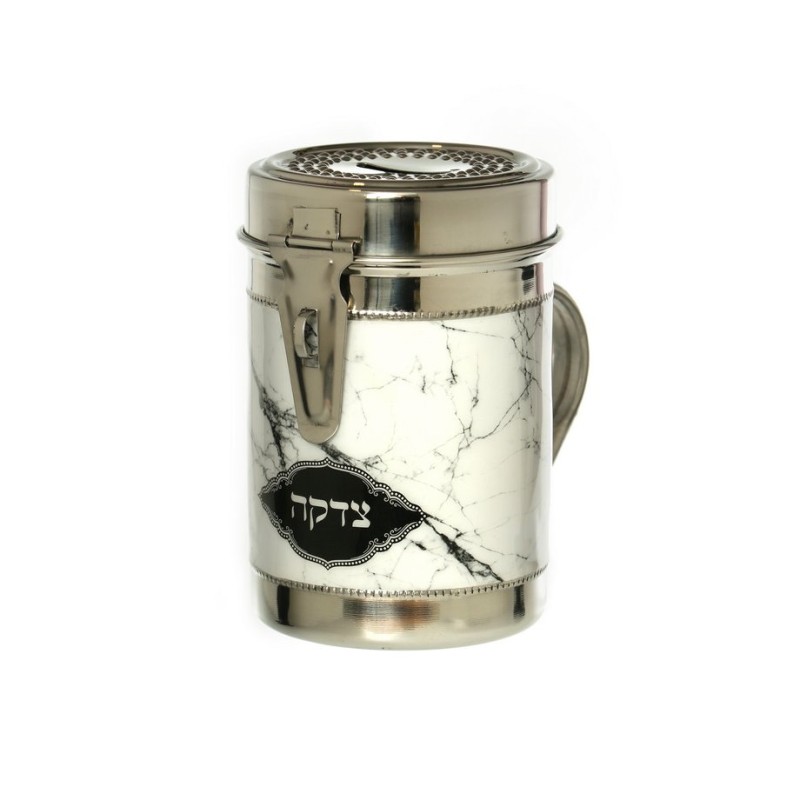 Tall Charity Box with Handle Gleaming Silver with ... | Tzedakah boxes