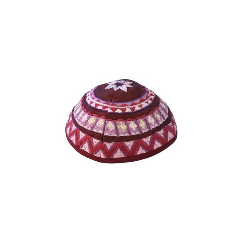 Maroon Geometrical Embroidered Cotton Kippah By Ya | Kippahs | Judaica