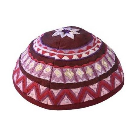 Maroon Geometrical Embroidered Cotton Kippah By Ya | Kippahs | Judaica