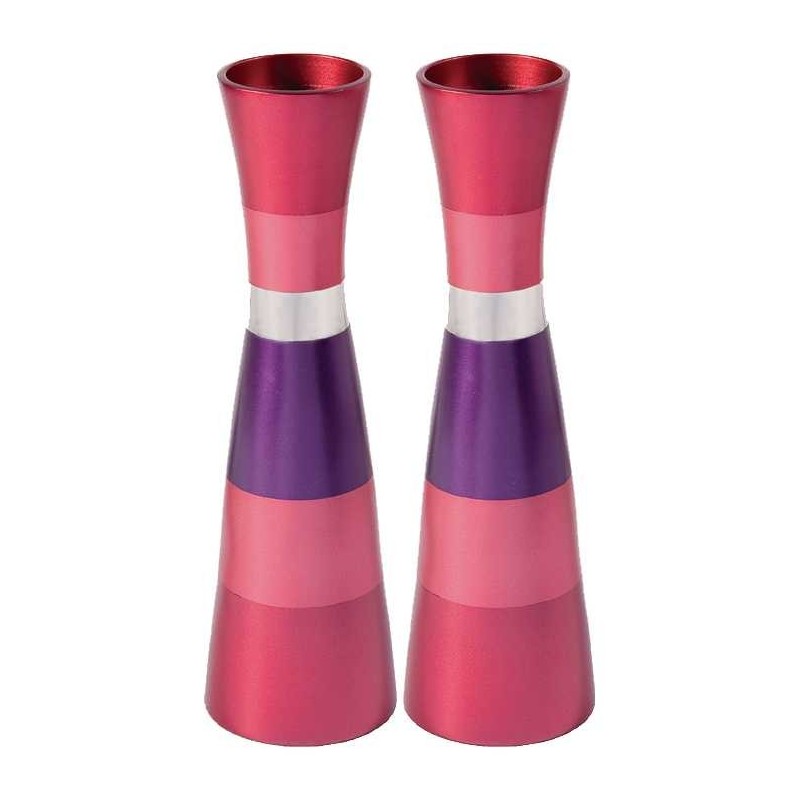 Anodized Pink Ringed Candlesticks | Candle Holders | Judaica