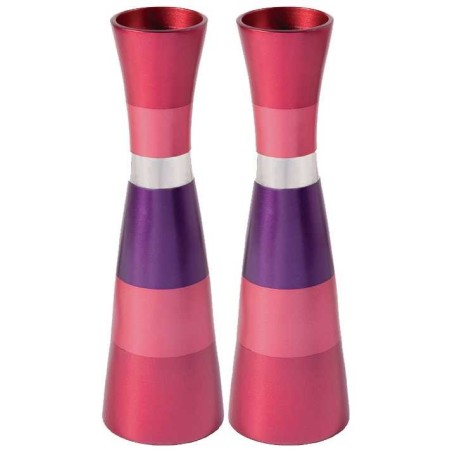 Anodized Pink Ringed Candlesticks | Candle Holders | Judaica
