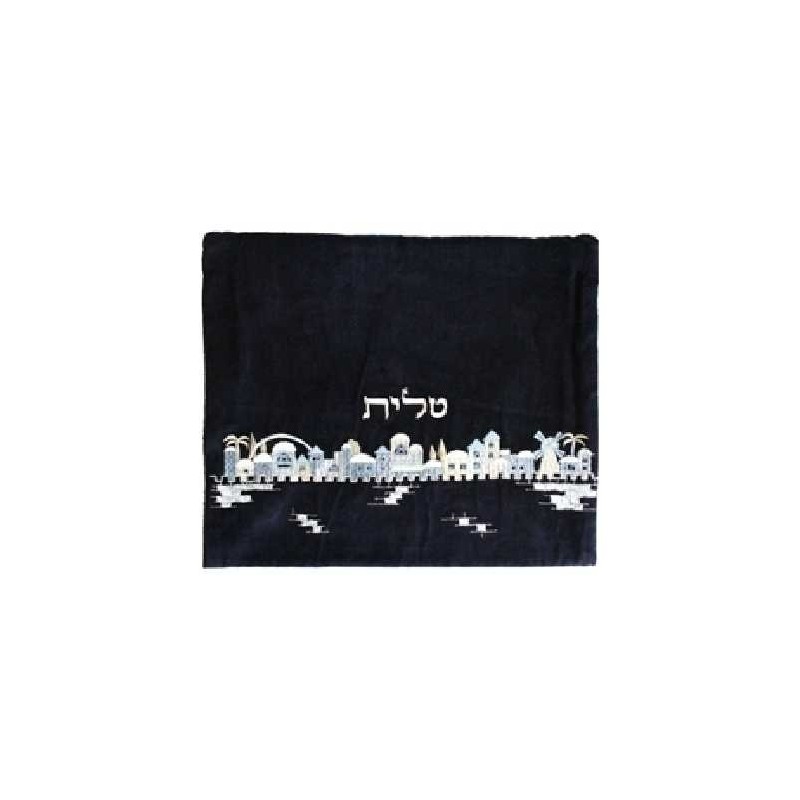 Blue Embroidered Velvet Jerusalem Skyline Tallit B | Tallit/Tallis | J