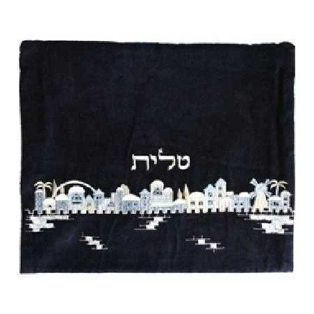 Blue Embroidered Velvet Jerusalem Skyline Tallit B | Tallit/Tallis | J