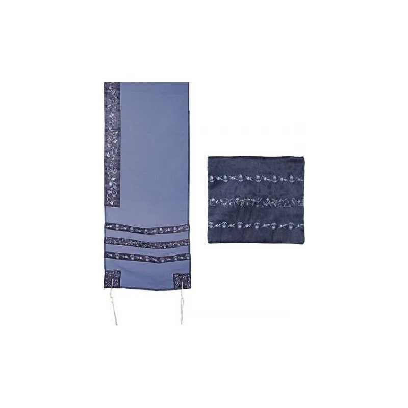 Navy Blue Organza Striped Floral Tallit Set By Yai | Tallit/Tallis | J