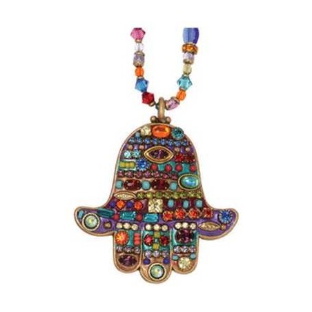Multi-Color Jeweled Hamsa Necklace with Beaded Cha | Jewelry | Judaica